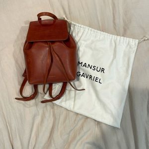 Mansur Gavriel camel color leather backpack light blue interior